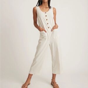 Marine Layer Women's Medium Sydney Beach Jumpsuit Natural Buttons Wide Leg Crop